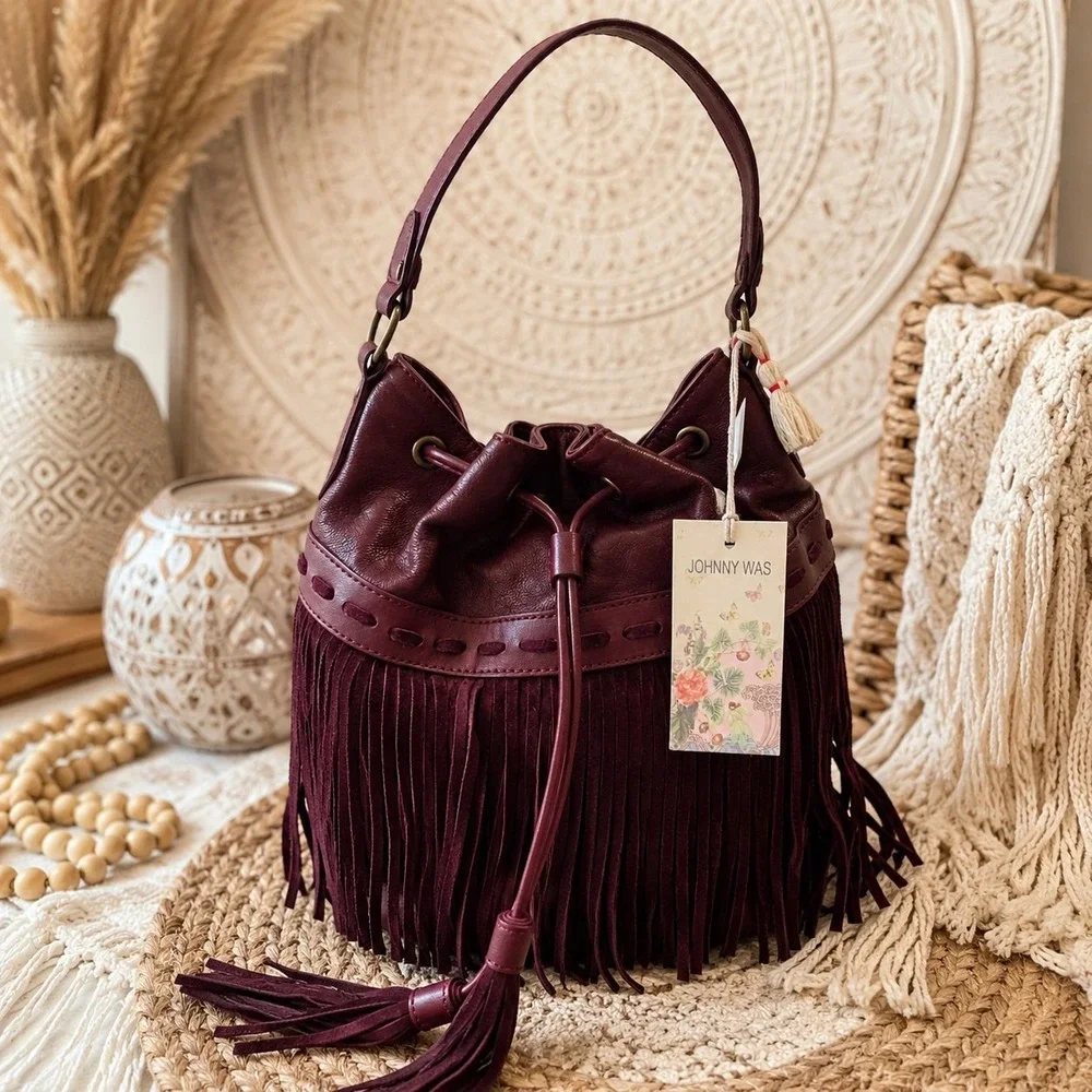 Was Italian Leather Fringe Bucket Bag in Oxblood (Style R03925A)
